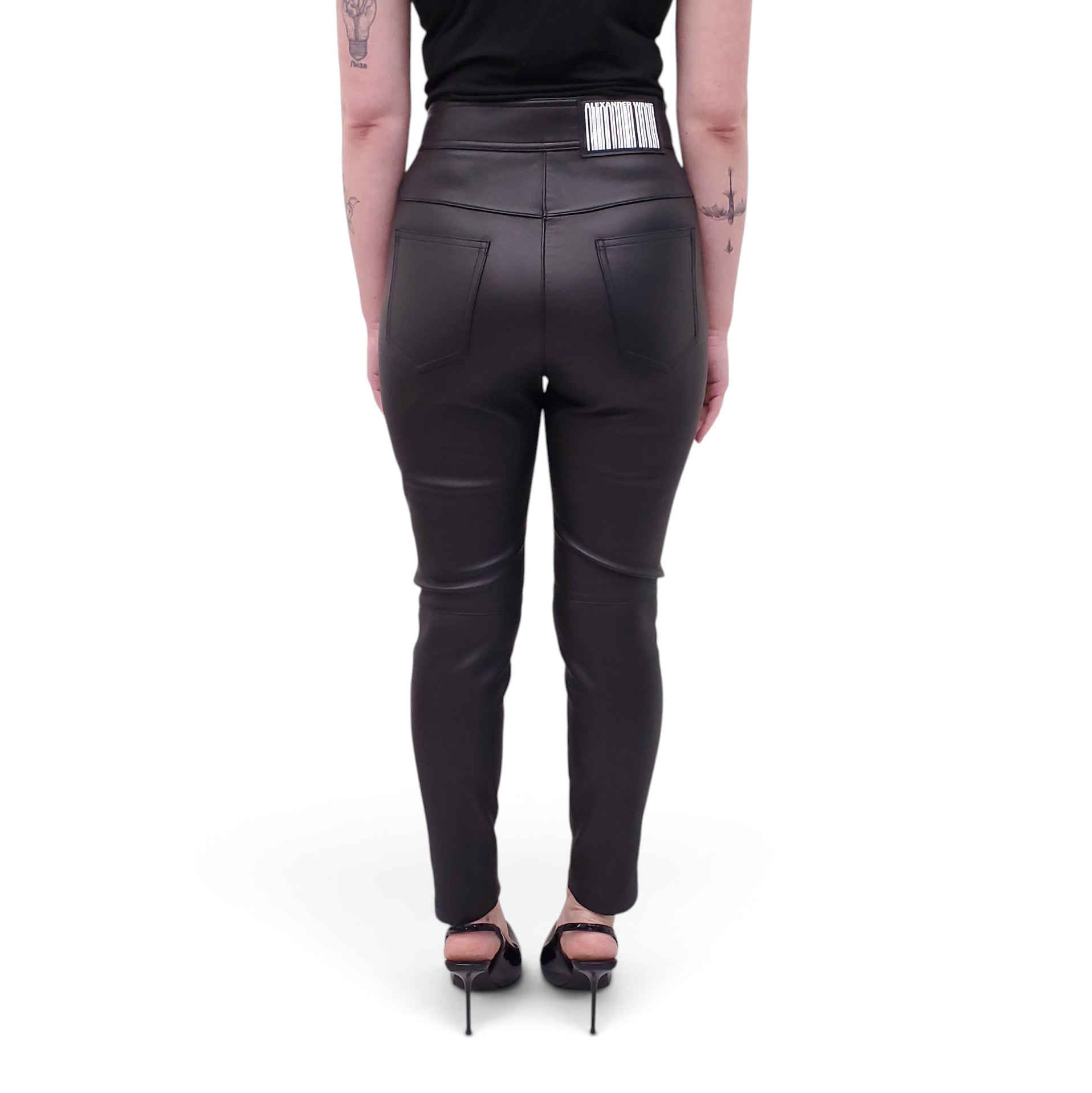 ALEXANDER WANG BLACK LOGO LEATHER PANTS WITH SILVER BUTTONS - SIZE 6