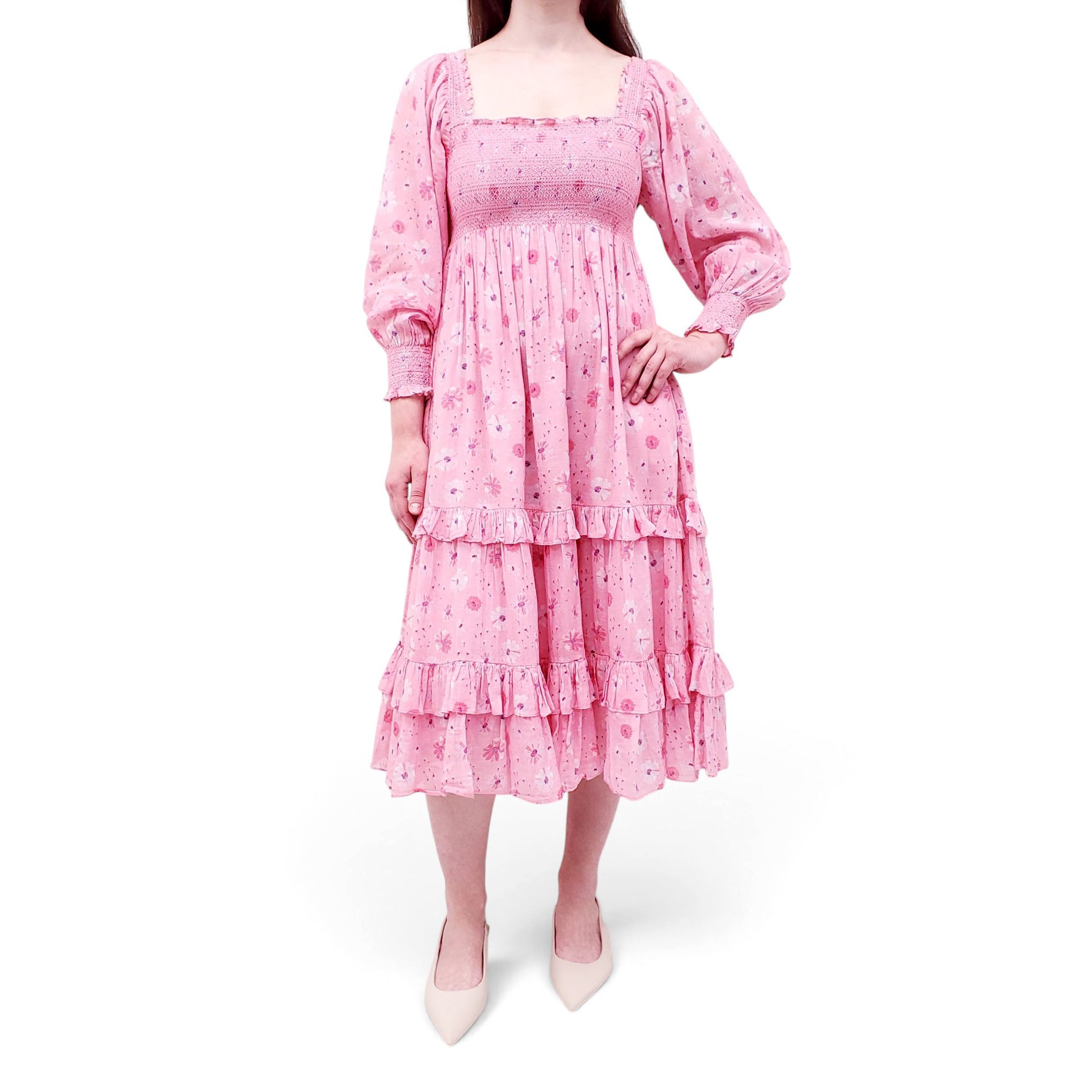 LOVE SHACK FANCY FLORAL PRINT MIDI LENGTH DRESS - SIZE P(S)