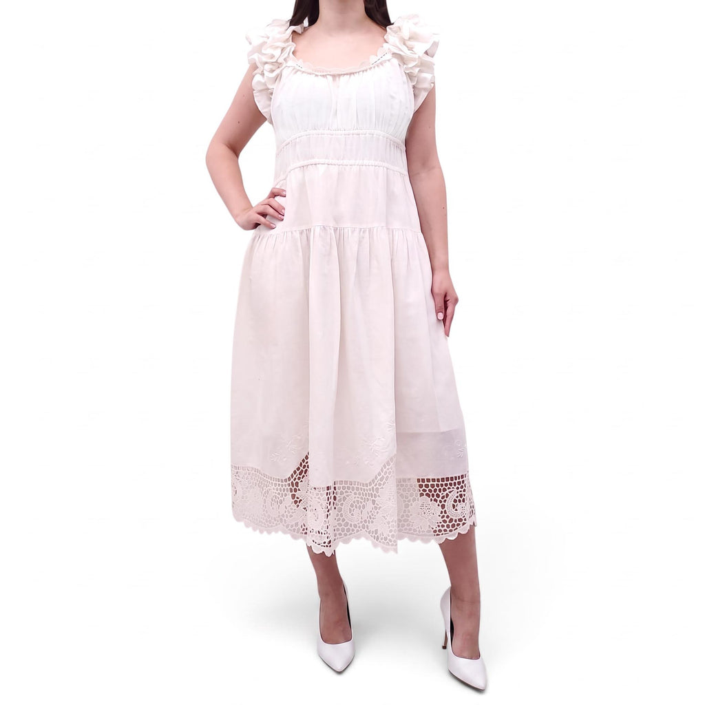 ULLA JOHNSON CREAM DRESS WITH EYELET DETAIL - SIZE 4