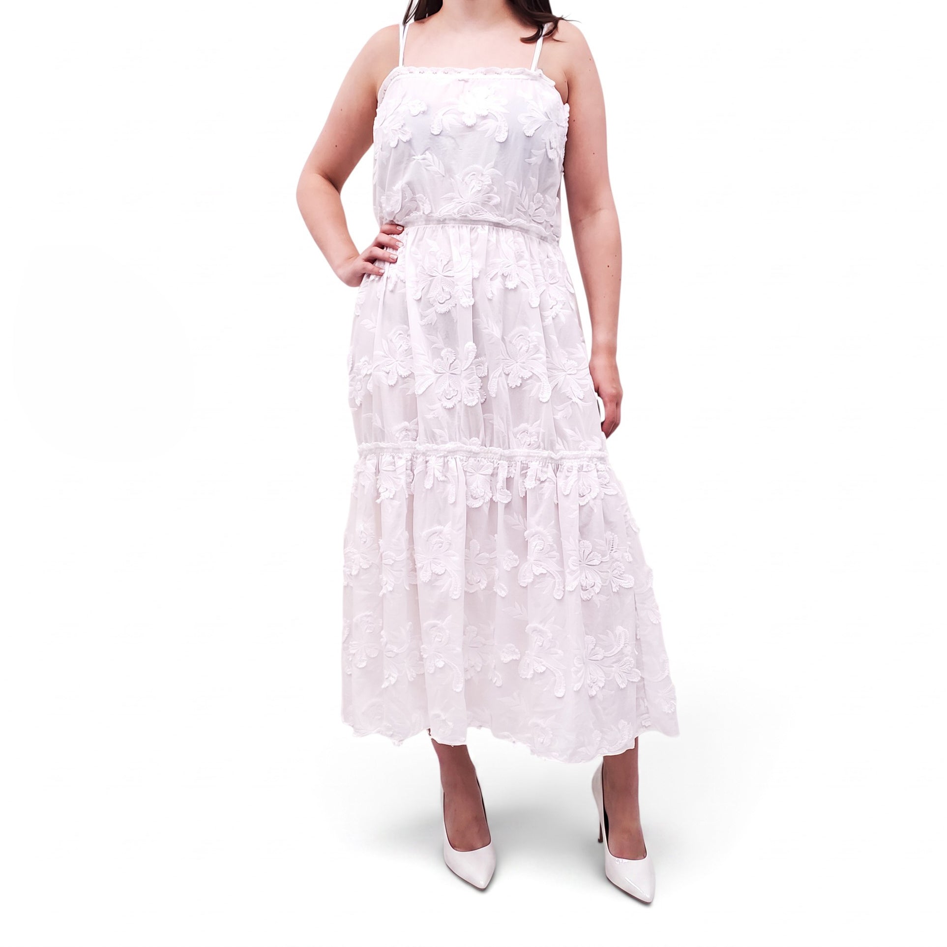 TG BOTANICAL WHITE EMBROIDERED DRESS - SIZE M