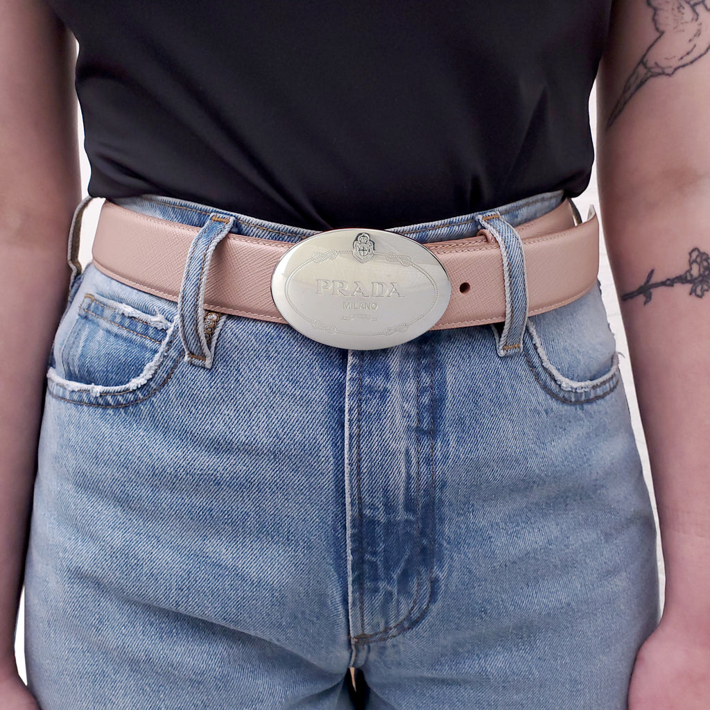 PRADA BLUSH PINK SILVER LOGO BELT - SIZE 80