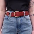 DOLCE & GABBANA RED LEATHER BELT WITH GOLD ACCENT DETAILS - SIZE 85