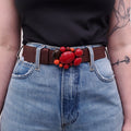 MIU MIU BROWN LEATHER BELT WITH RED STONE EMBLEM - SIZE 75