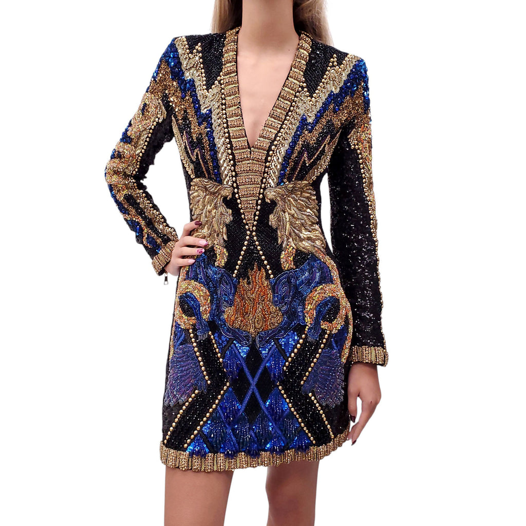 BALMAIN RUNWAY 'WOLF EMBELLISHED' MINI DRESS - SIZE 40