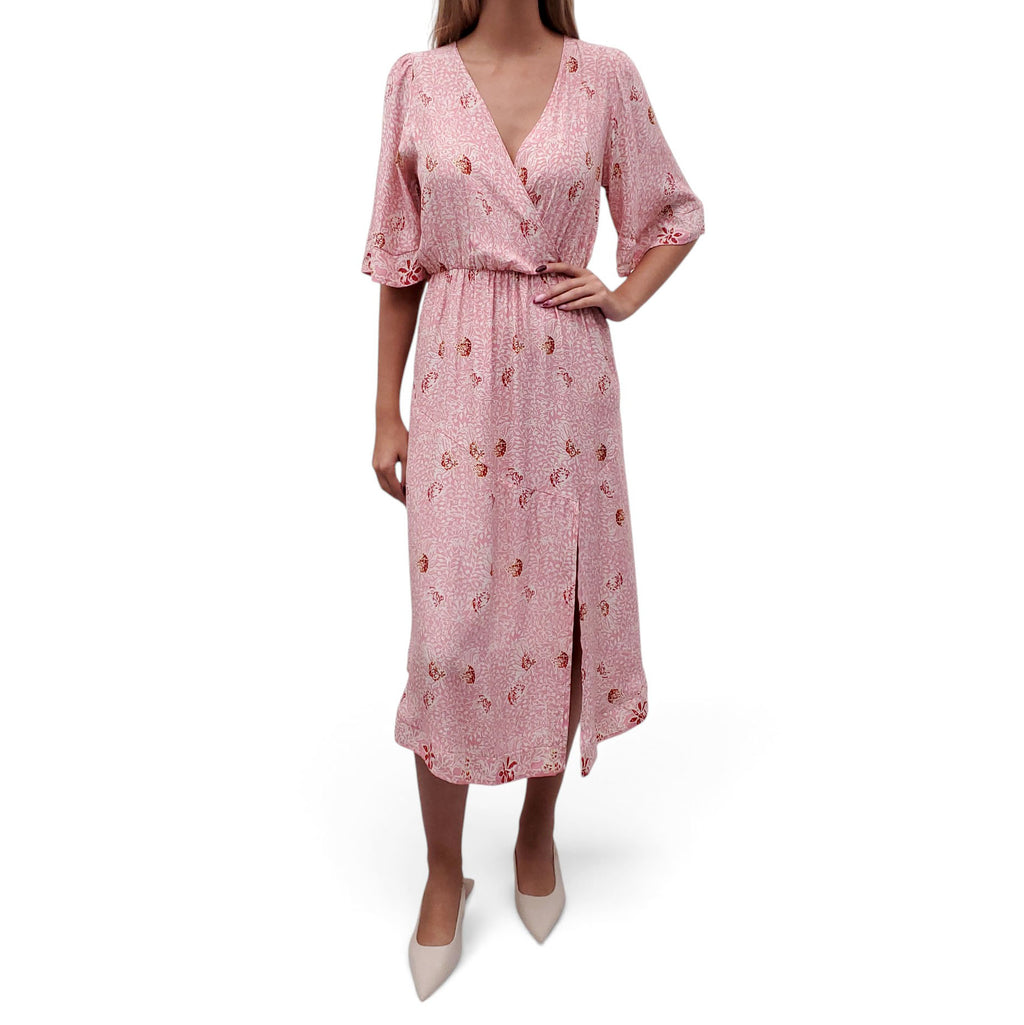 NATALIE MARTIN PINK AND RED PATTERNED SHORT SLEEVE MAXI DRESS - SIZE S