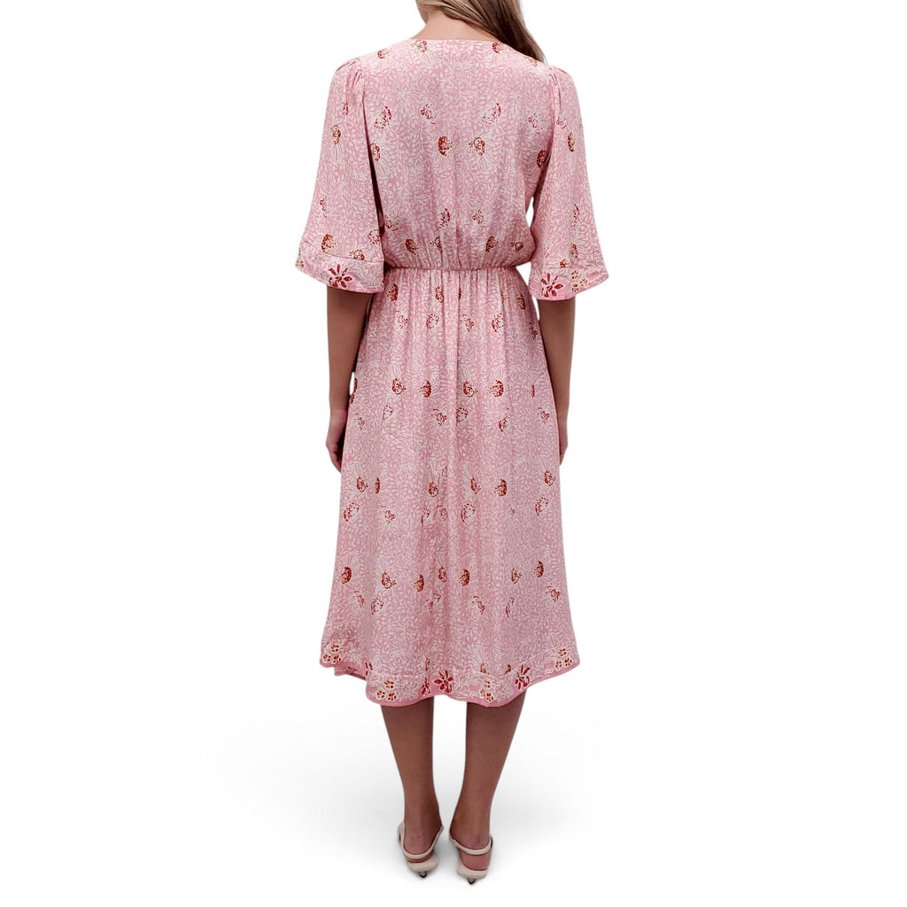 NATALIE MARTIN PINK AND RED PATTERNED SHORT SLEEVE MAXI DRESS - SIZE S