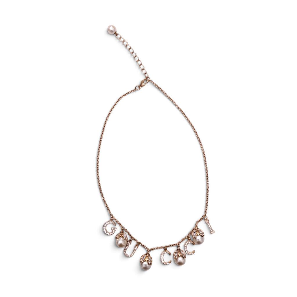 GUCCI FAUX PEARL & CRYSTAL SCRIPT COLLAR NECKLACE