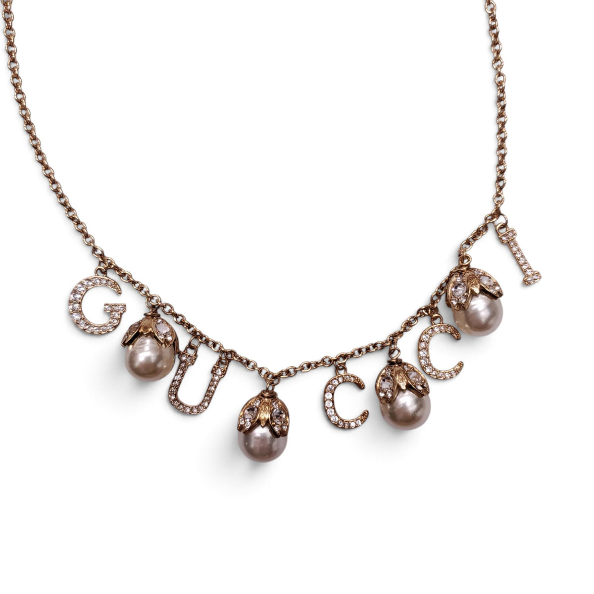 GUCCI FAUX PEARL & CRYSTAL SCRIPT COLLAR NECKLACE