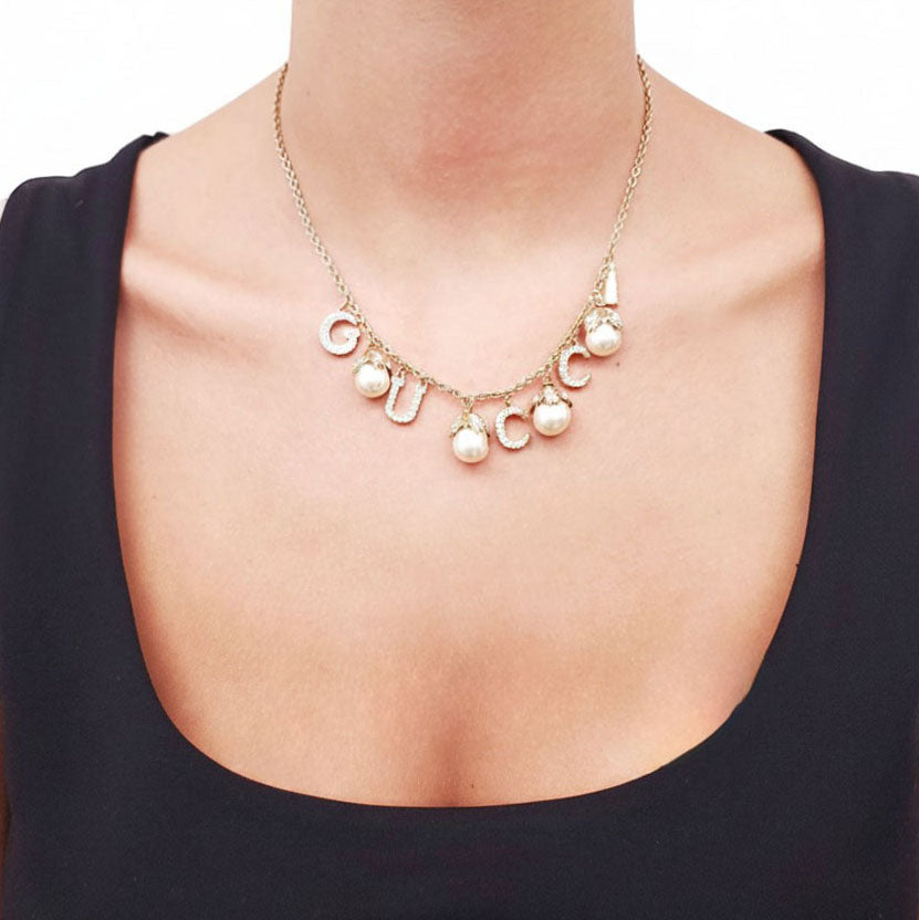 GUCCI FAUX PEARL & CRYSTAL SCRIPT COLLAR NECKLACE