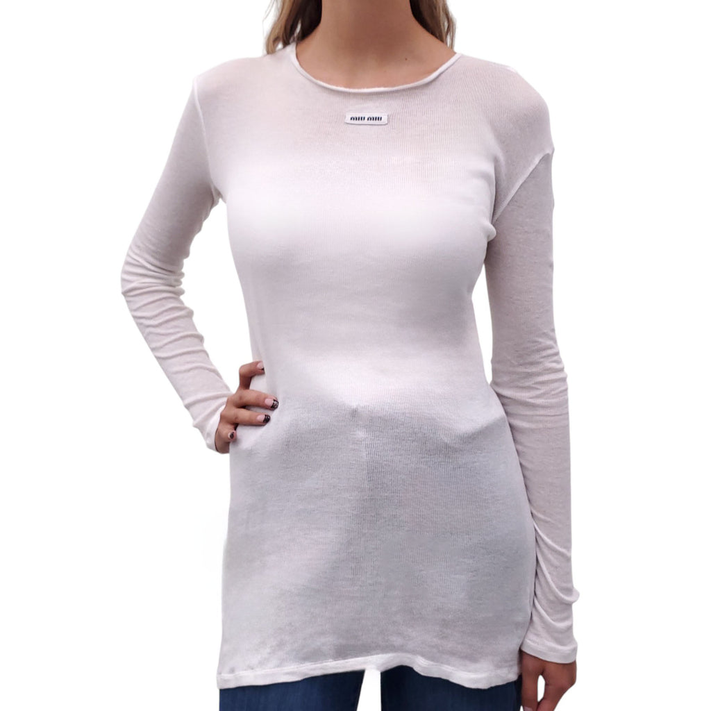 MIU MIU WHITE RIBBED LONG SLEEVE SHIRT WITH LOGO - SIZE S