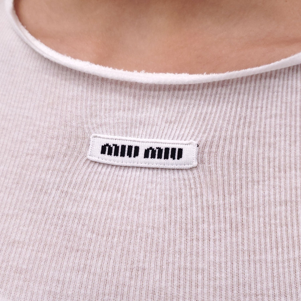MIU MIU WHITE RIBBED LONG SLEEVE SHIRT WITH LOGO - SIZE S