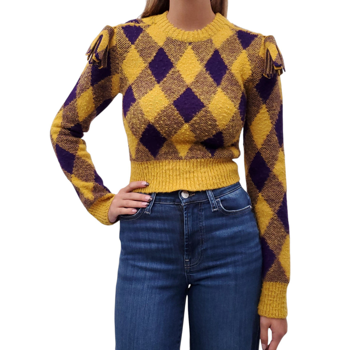 BURBERRY YELLOW AND PURPLE ARGYLE SWEATER - SIZE XS