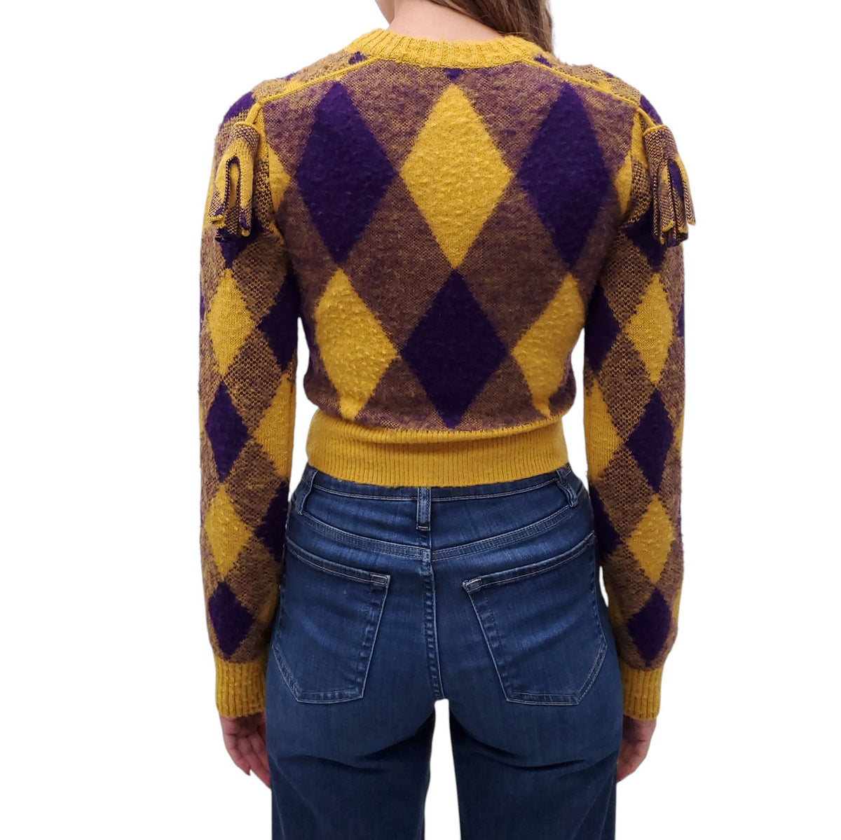 BURBERRY YELLOW AND PURPLE ARGYLE SWEATER - SIZE XS