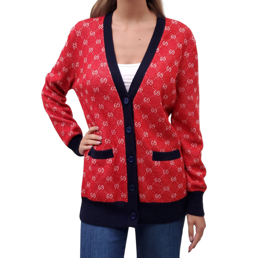 GUCCI RED AND NAVY LOGO CARDIGAN - SIZE XS