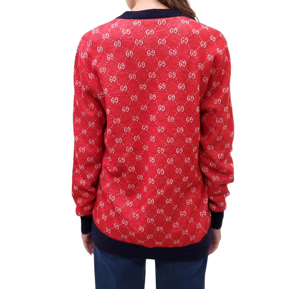 GUCCI RED AND NAVY LOGO CARDIGAN - SIZE XS