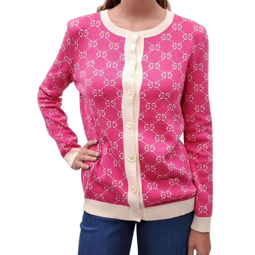 GUCCI PINK AND CREAM LOGO CARDIGAN - SIZE L
