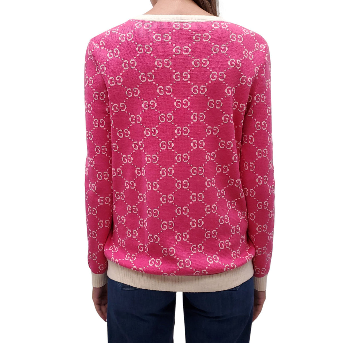 GUCCI PINK AND CREAM LOGO CARDIGAN - SIZE L