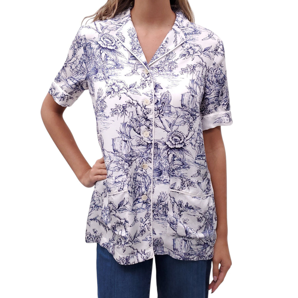 DIOR TOILE WHITE AND BLUE SILK BUTTON UP SHIRT - SIZE 4