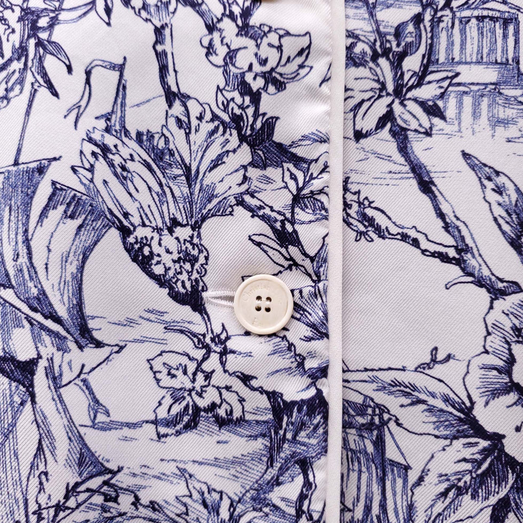 DIOR TOILE WHITE AND BLUE SILK BUTTON UP SHIRT - SIZE 4