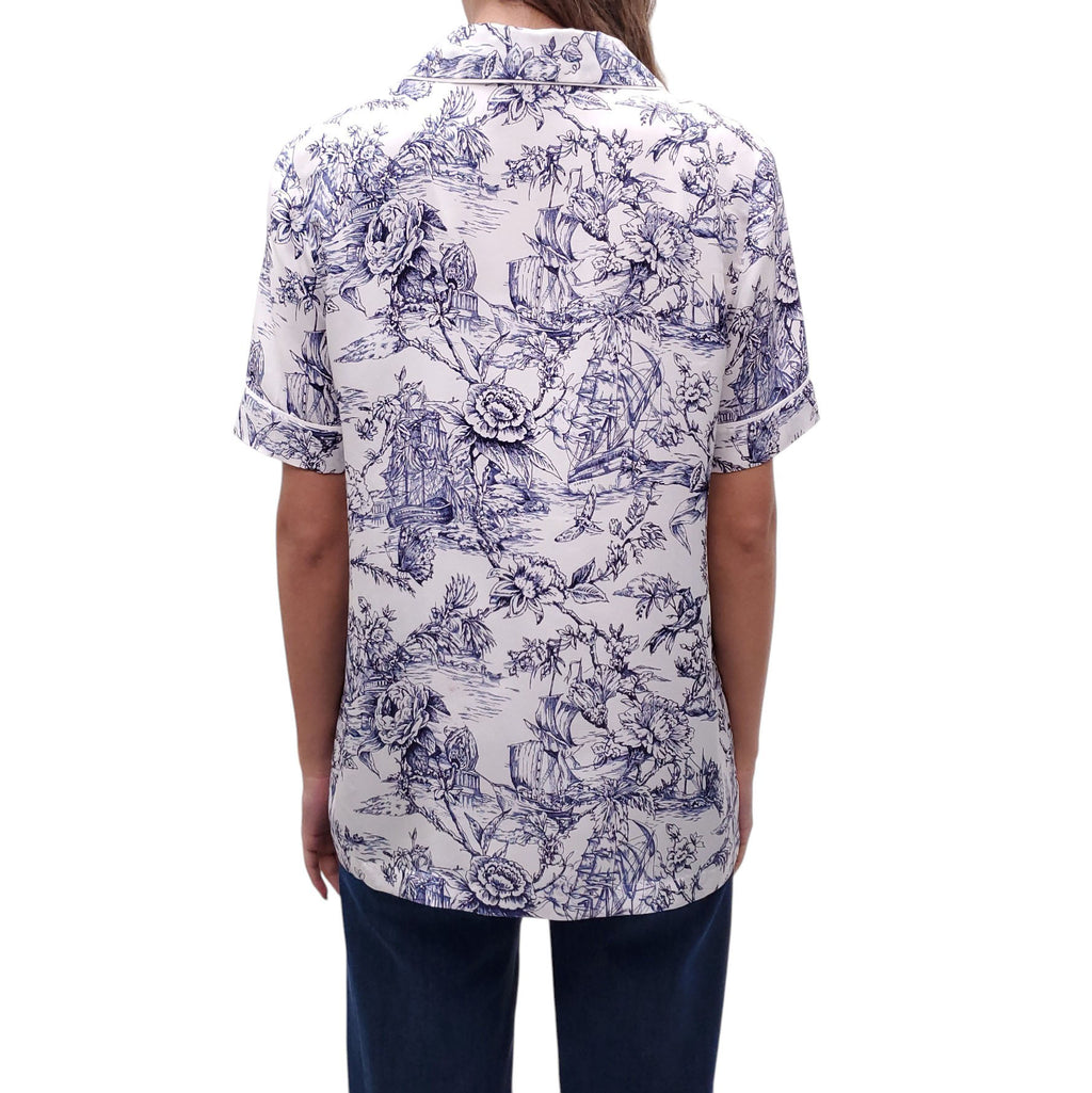DIOR TOILE WHITE AND BLUE SILK BUTTON UP SHIRT - SIZE 4