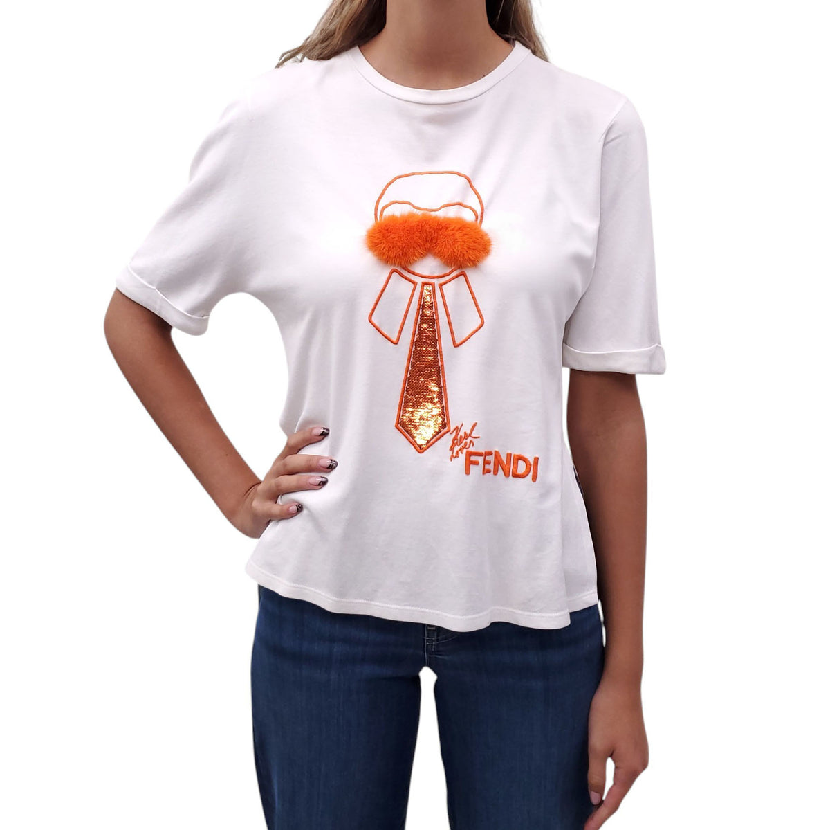 FENDI WHITE AND ORANGE KARL LAGERFIELD TSHIRT WITH FUR - SIZE M