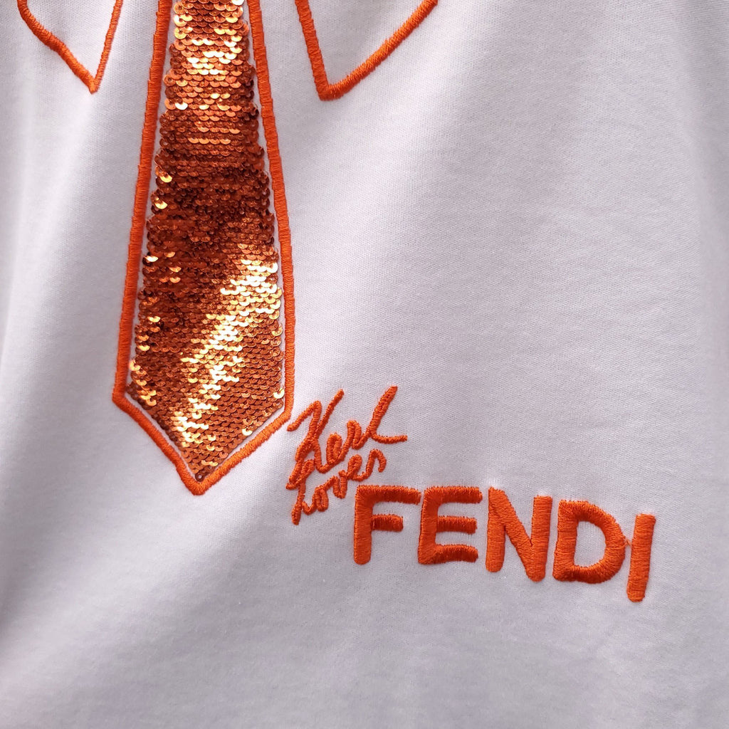 FENDI WHITE AND ORANGE KARL LAGERFIELD TSHIRT WITH FUR - SIZE M