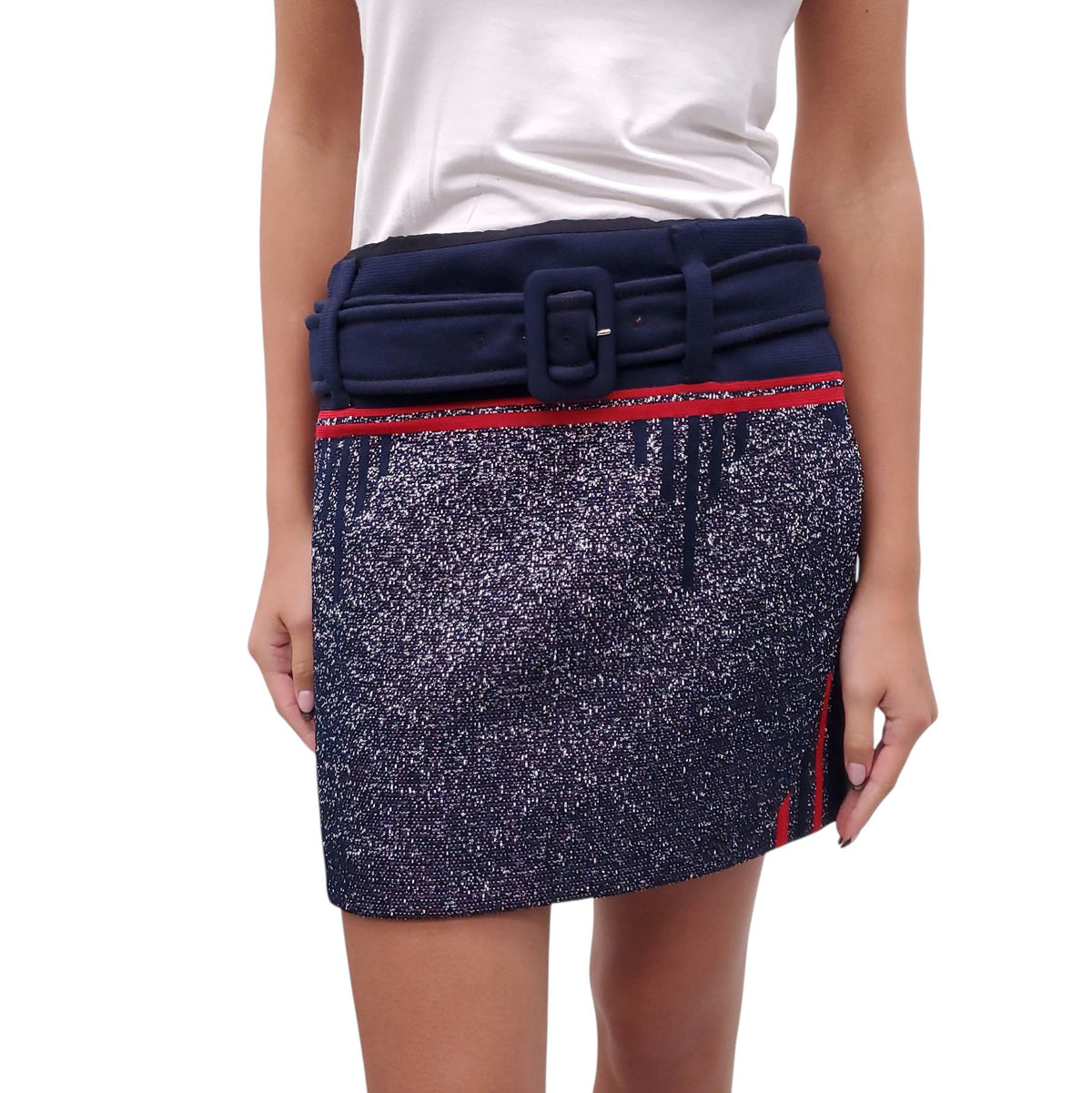 PRADA NAVY KNIT LOGO SKIRT - SIZE 40