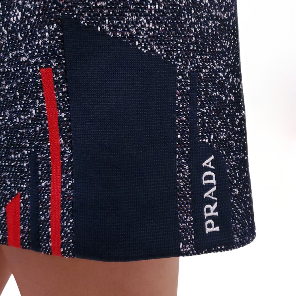 PRADA NAVY KNIT LOGO SKIRT - SIZE 40