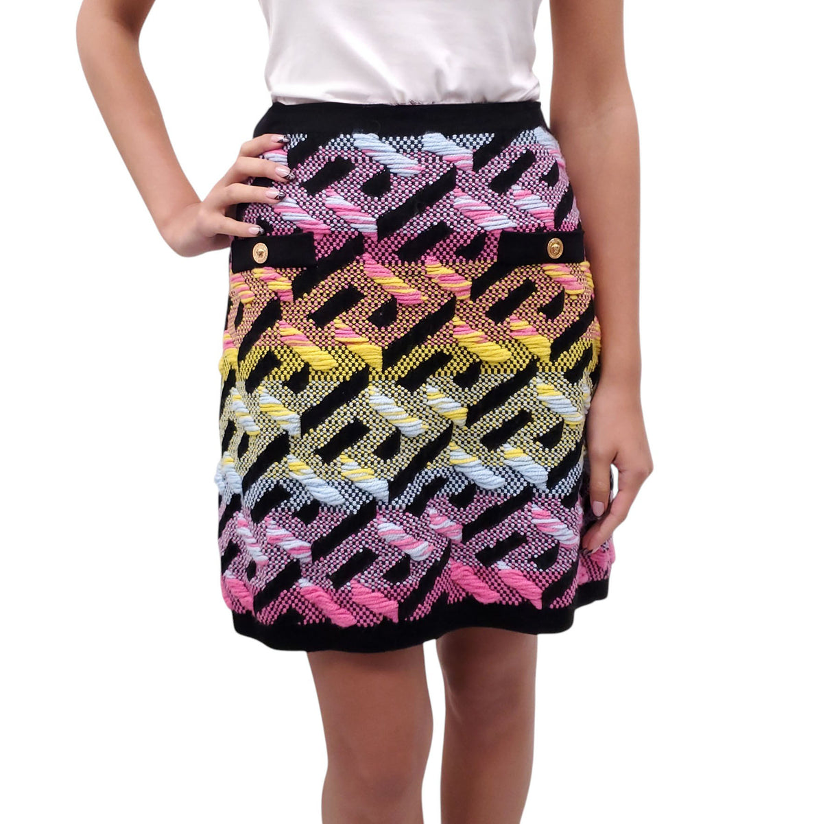 VERSACE LA GRECA WOOL BLEND MINI SKIRT - SIZE 44