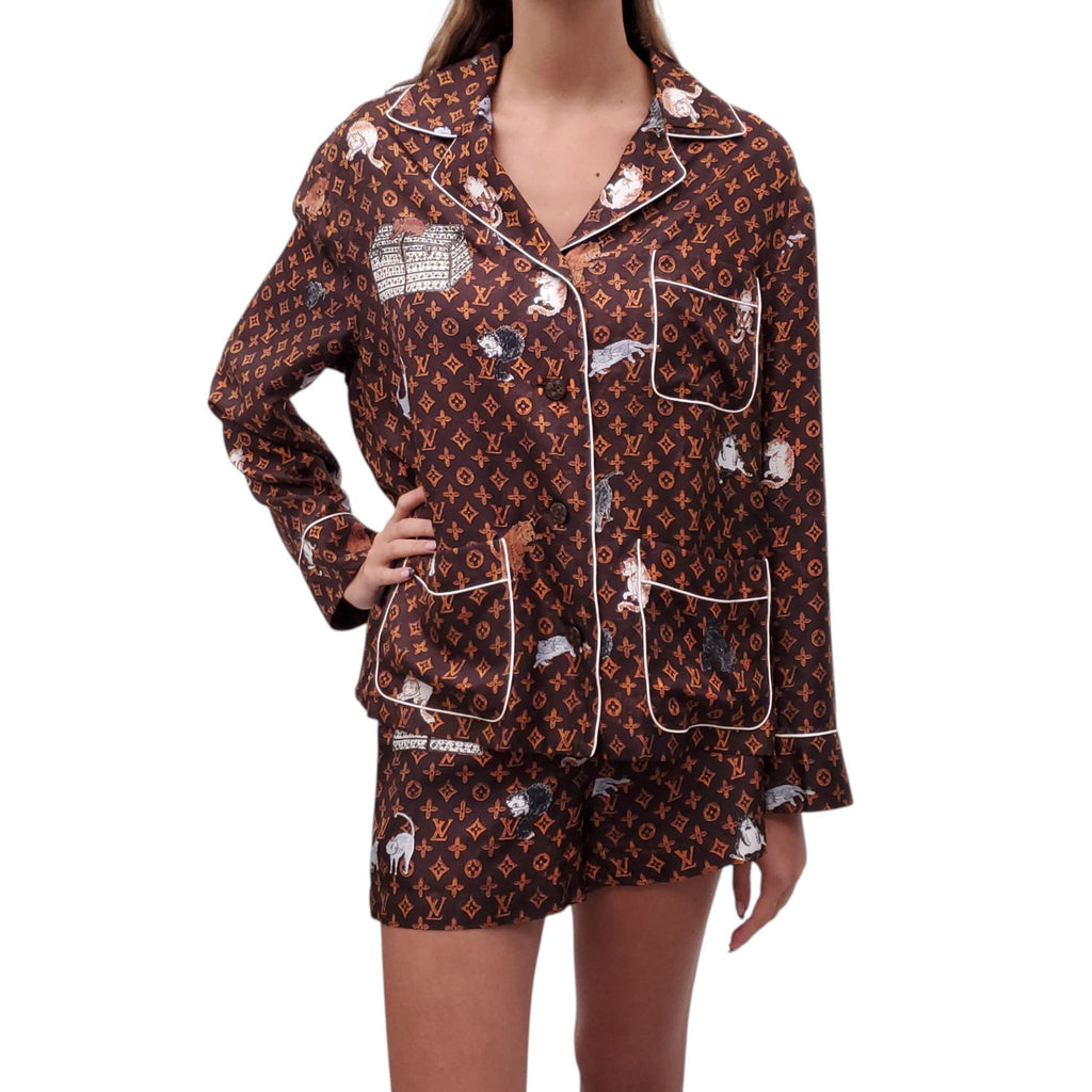 LOUIS VUITTON SILK CAT LOGO SHORTS SET - SIZE S