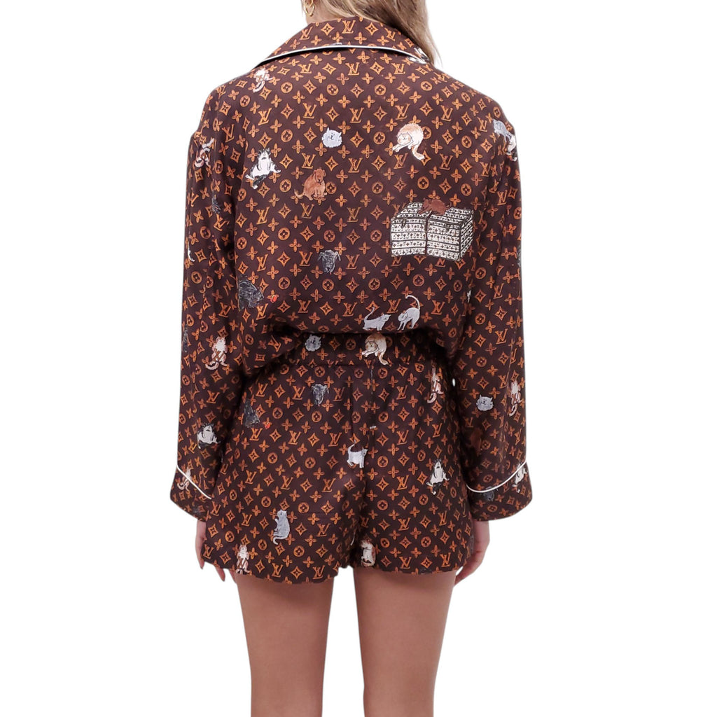 LOUIS VUITTON SILK CAT LOGO SHORTS SET - SIZE S