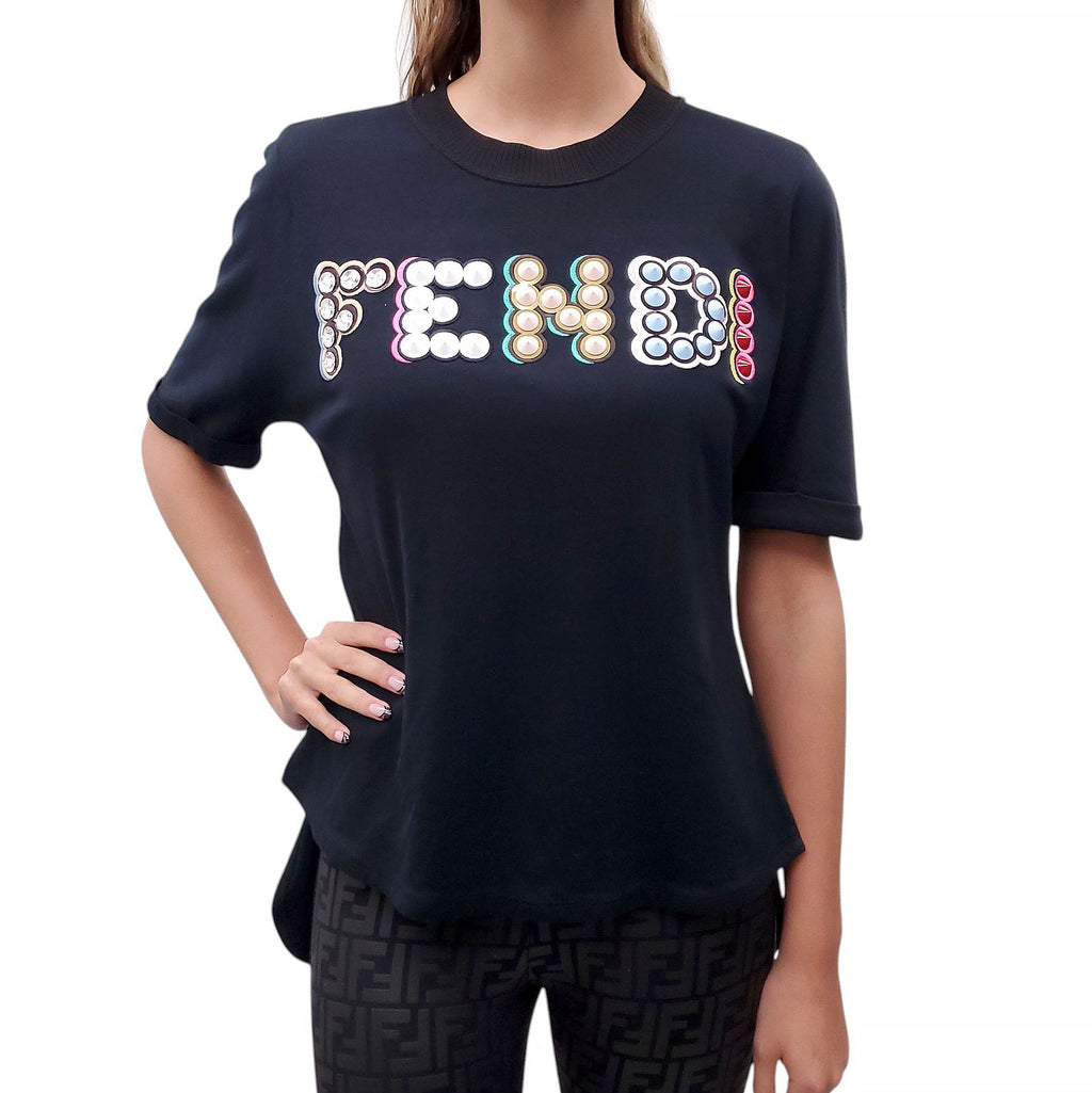 FENDI BLACK STUDDED LOGO T-SHIRT - SIZE 40