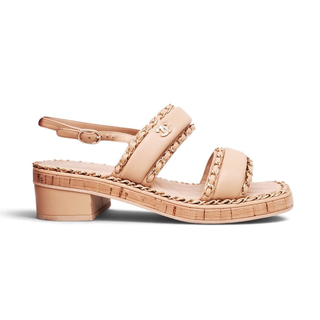 CHANEL TAN LEATHER CHAIN LOGO SANDALS - SIZE 39