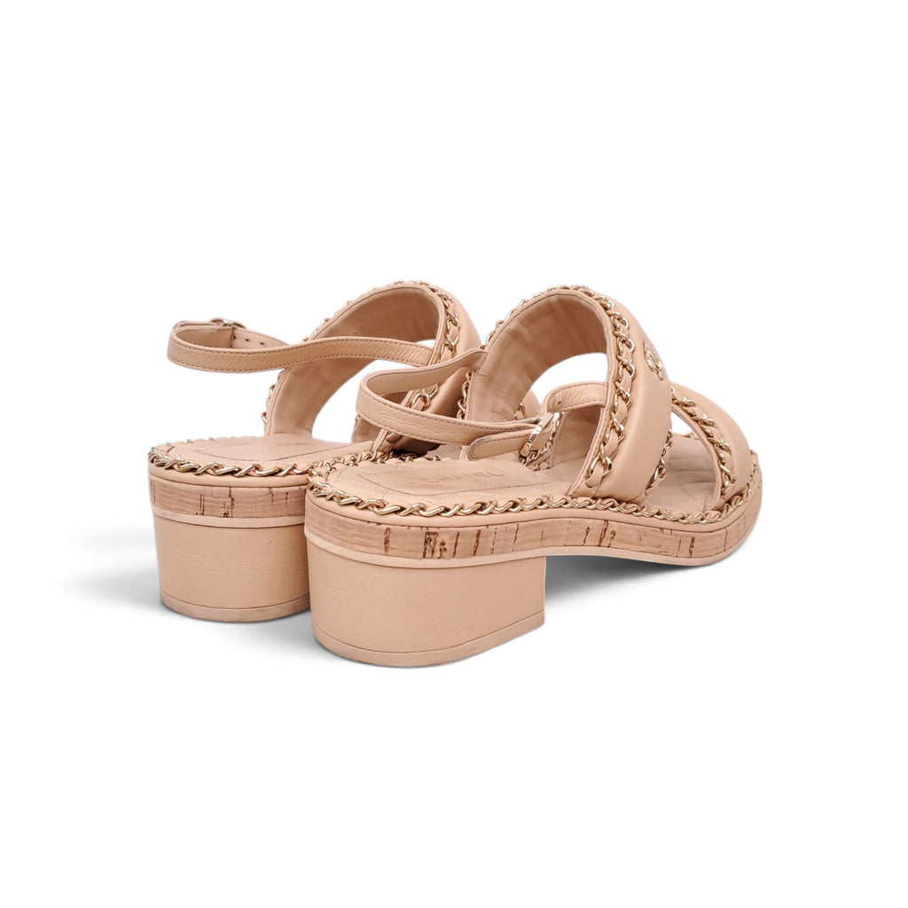 CHANEL TAN LEATHER CHAIN LOGO SANDALS - SIZE 39