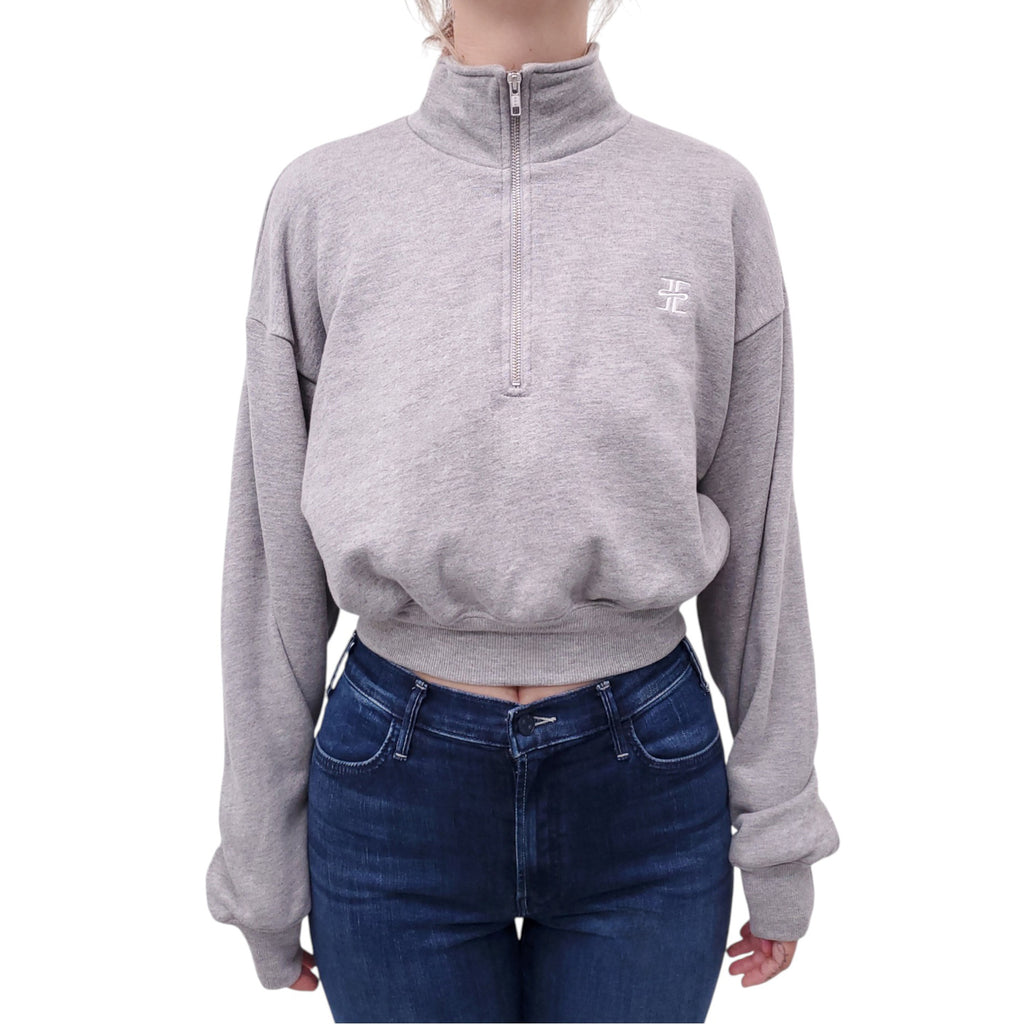 ÉTERNE GREY QUARTER ZIP LOGO CROPPED SWEATSHIRT - SIZE XS