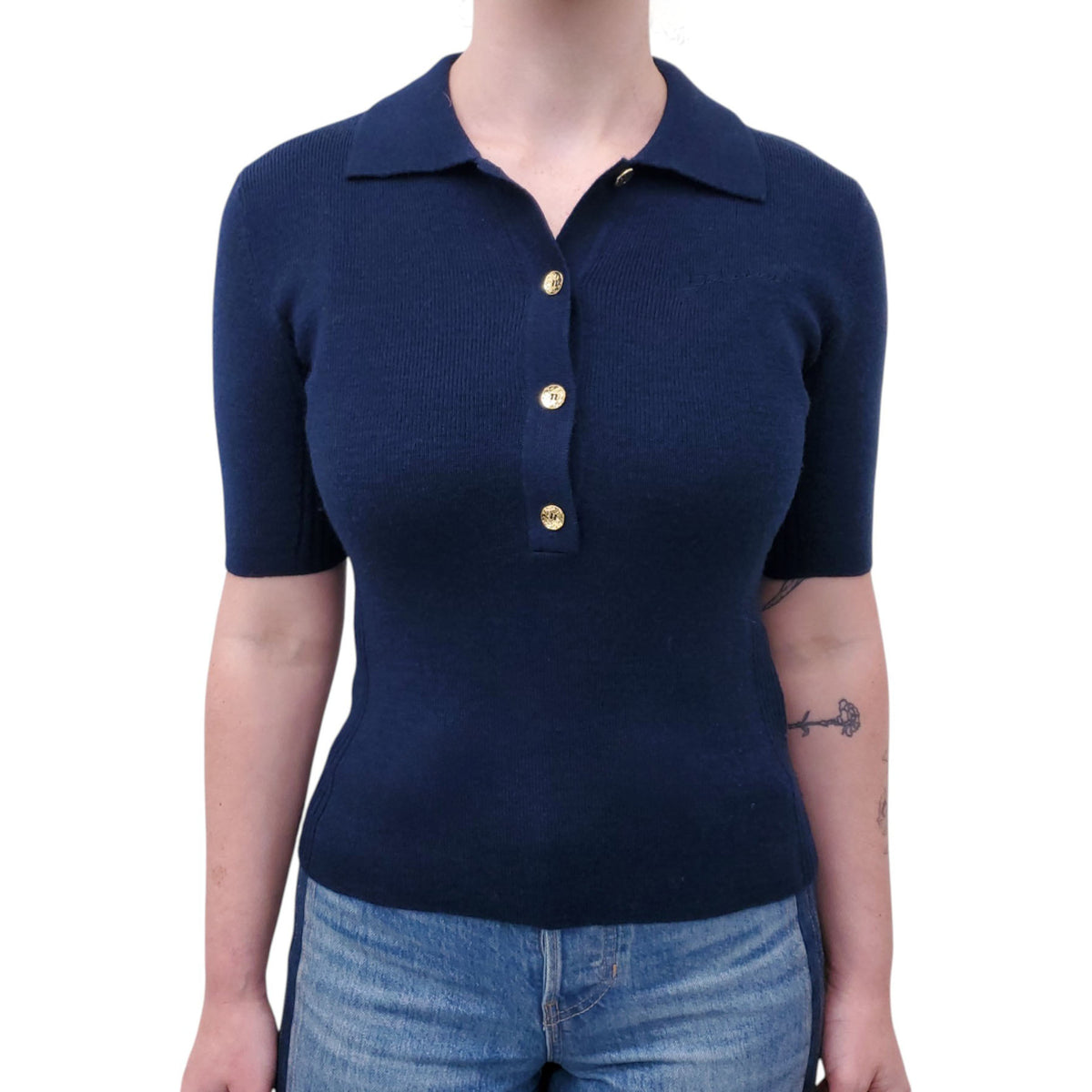 GANNI KNIT POLO WITH GOLD BUTTONS - SIZE M