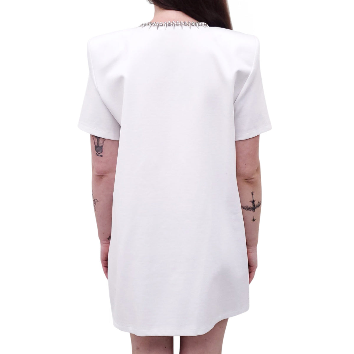 AREA WHITE CRYSTAL BOW V-NECK T SHIRT DRESS - SIZE XS
