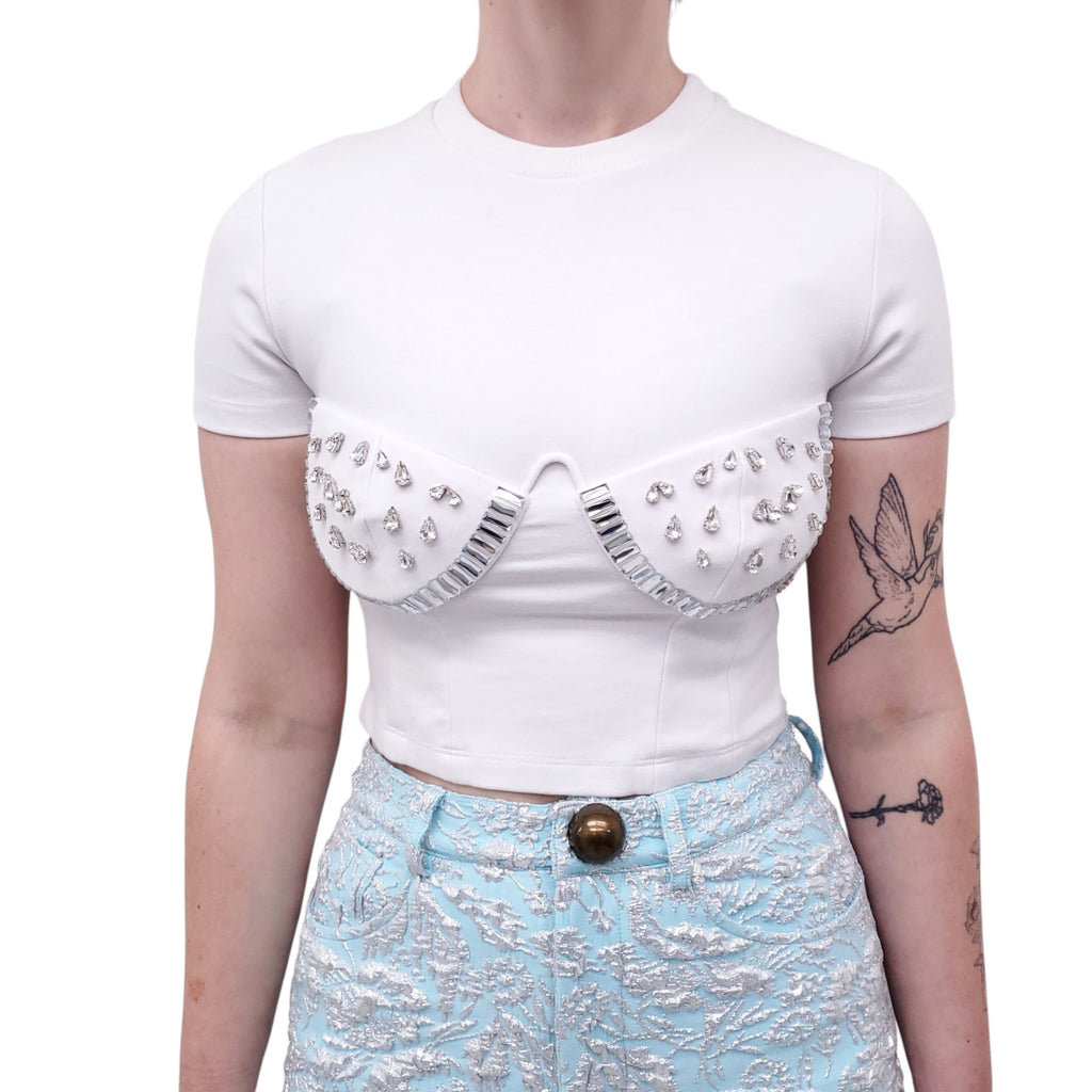 AREA WHITE CRYSTAL EMBELLISHED JERSEY T-SHIRT - SIZE S