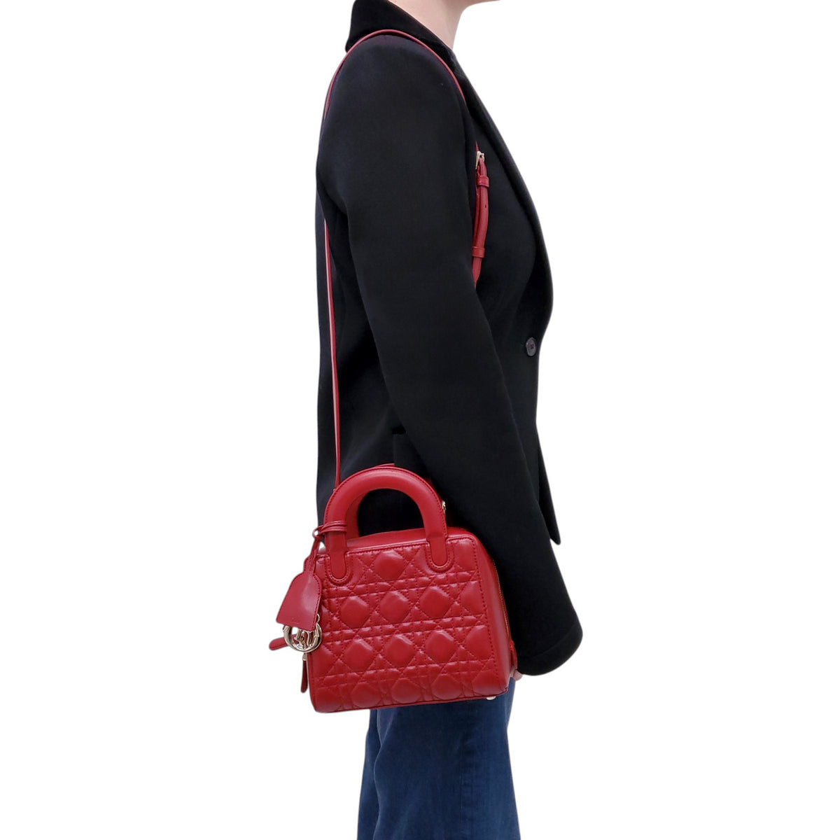 CHRISTIAN DIOR RED CANNAGE LILY MINI BOWLING BAG
