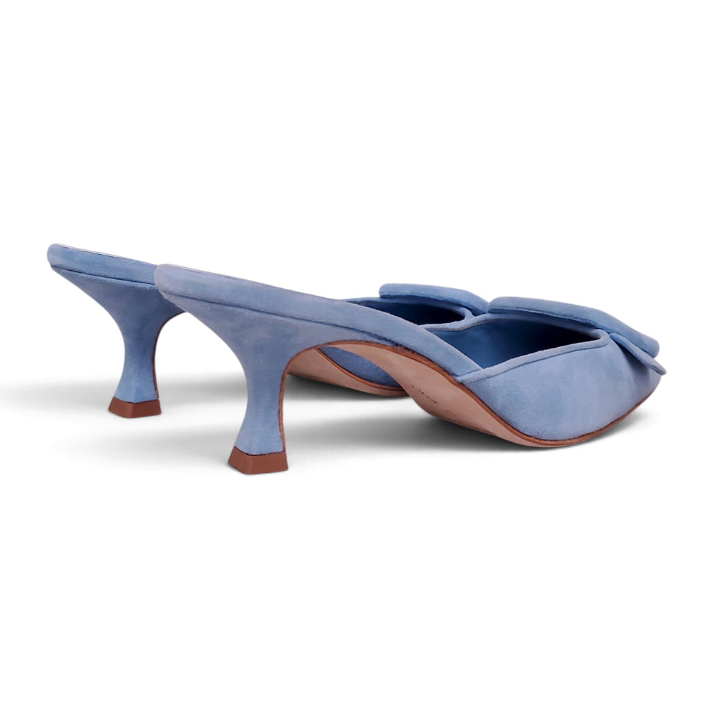 MANOLO BLAHNIK 50 MM MAYSALE SUEDE BLUE MULES - SIZE 37