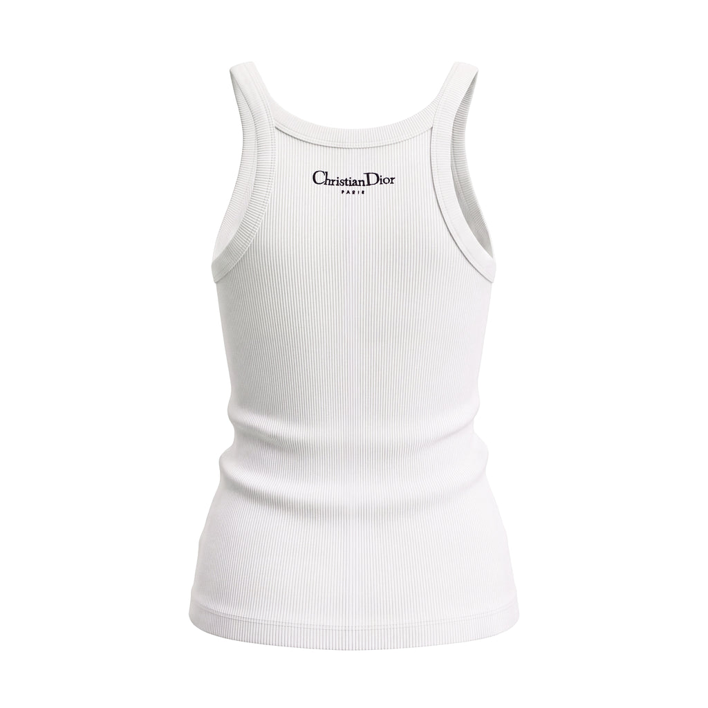 CHRISTIAN DIOR WHITE RIBBED LOGO TANK TOP - SIZE XS