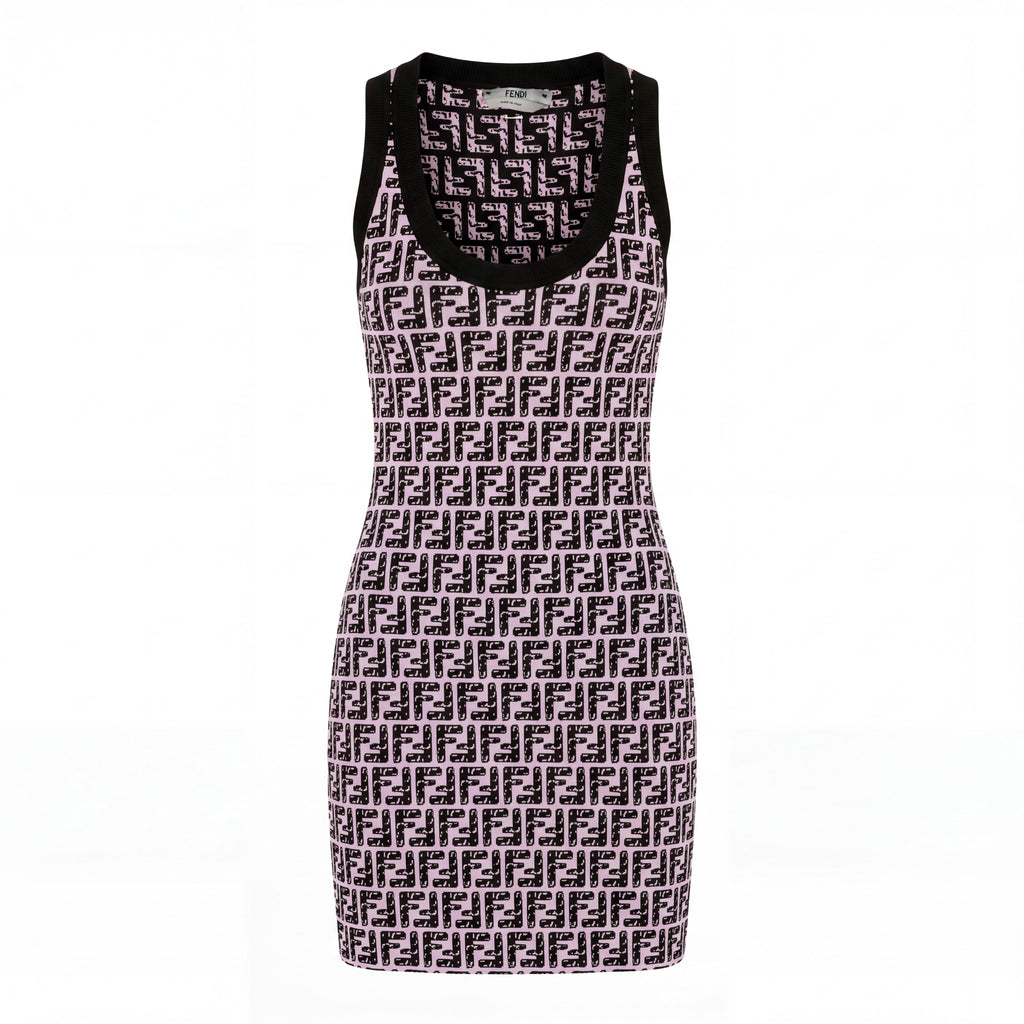 FENDI BLACK AND PINK LOGO KNIT DRESS - SIZE S