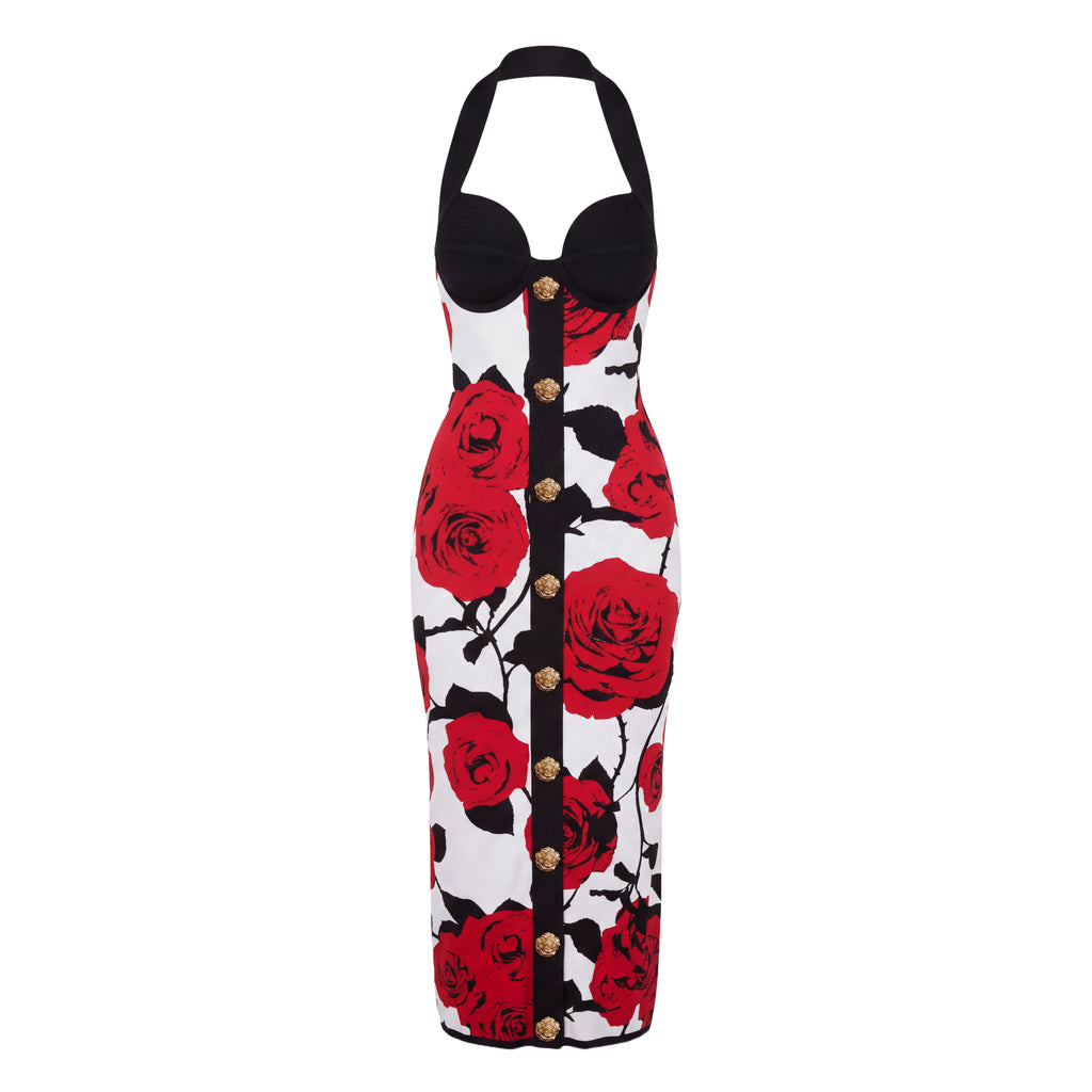 BALMAIN HALTER NECK JACQUARD DRESS - SIZE 38
