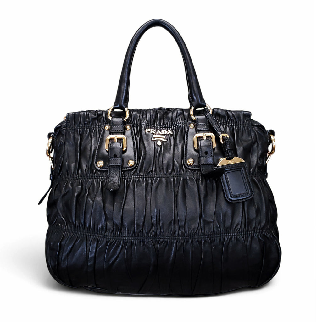 PRADA BLACK LEATHER GAUFRE SHOULDER BAG WITH CROSSBODY STRAP