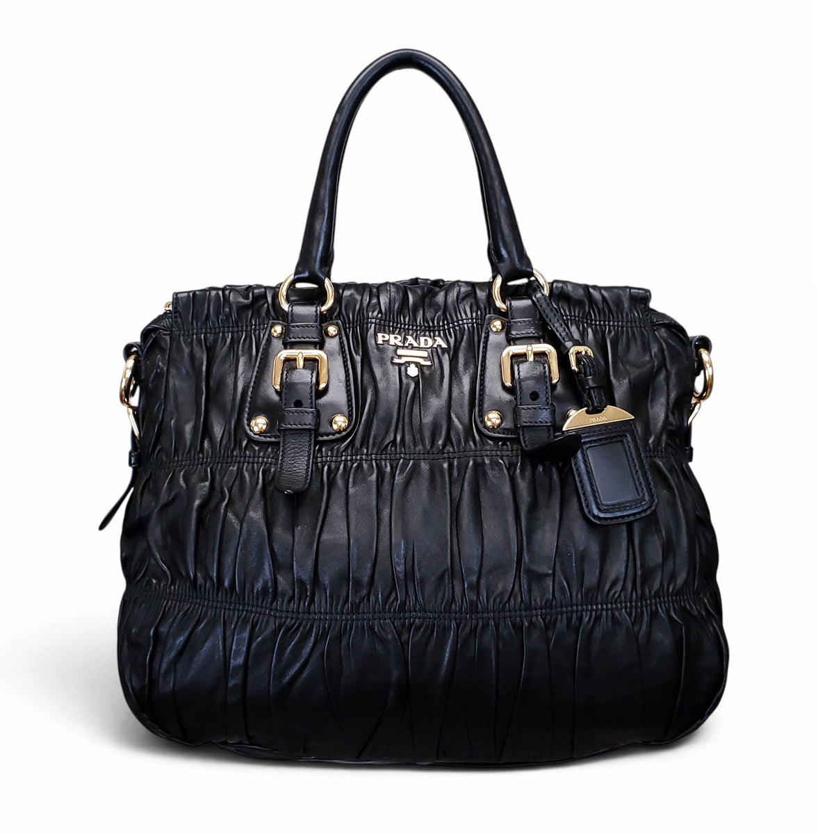 PRADA BLACK LEATHER GAUFRE SHOULDER BAG WITH CROSSBODY STRAP