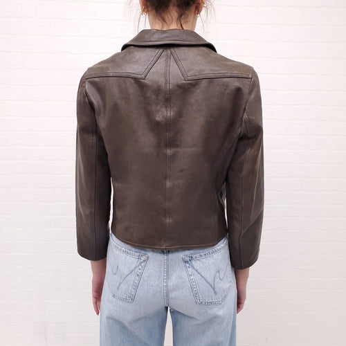 3.1 PHILLIP LIM GREEN DISTRESSED LEATHER BLAZER - SIZE 10