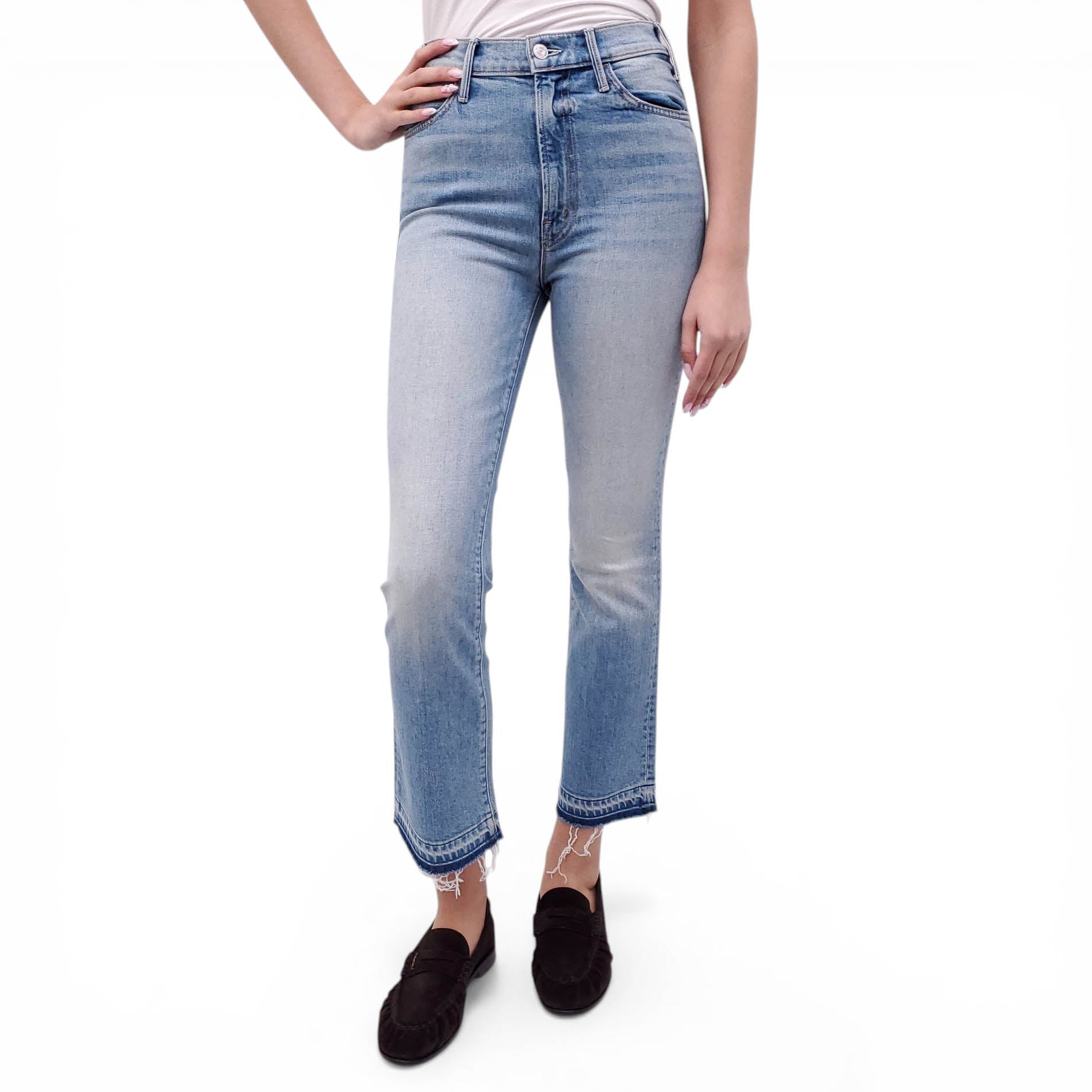 MOTHER SUPERIOR LIGHT WASH 'THE HUSTLER ANKLE UNDONE HEM' JEANS - SIZE 26