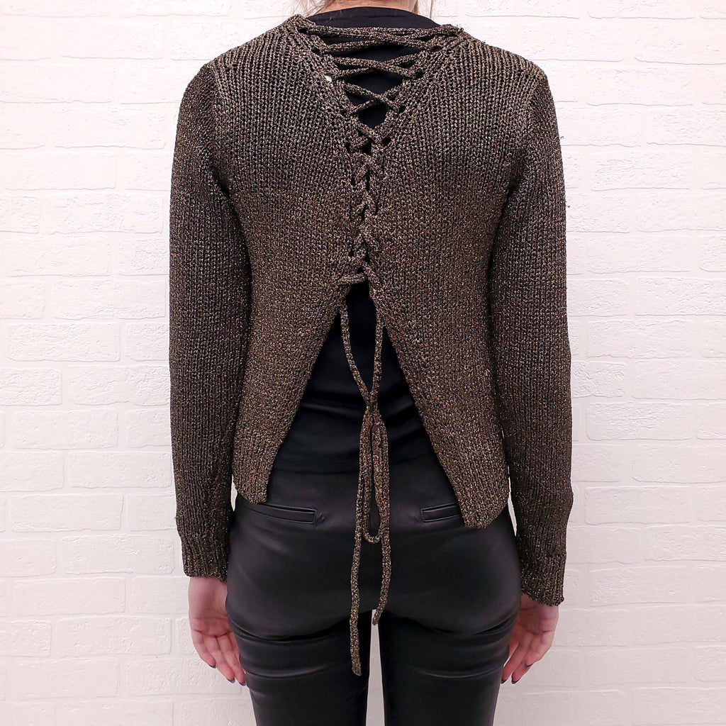 A.L.C. METALLIC GOLD KNIT TIE UP SWEATER - SIZE S