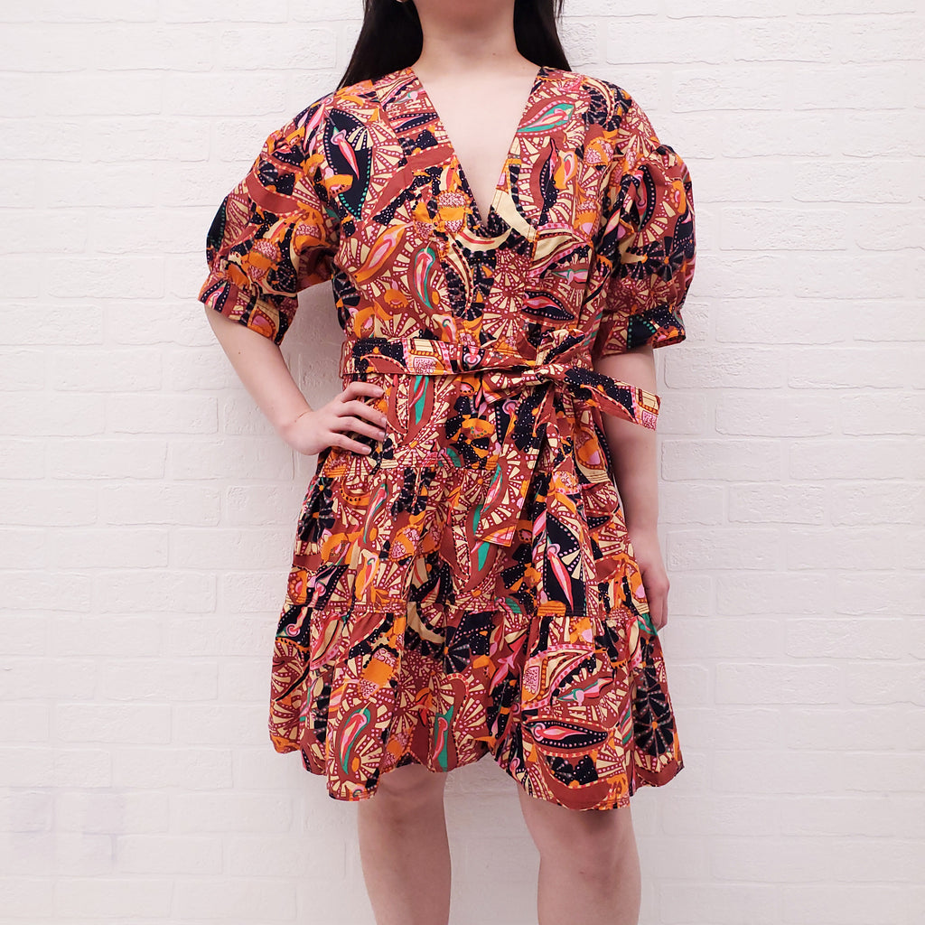 A.L.C. ORANGE PATTERNED COTTON DRESS WITH BELT- SIZE 14