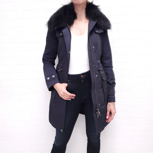 BURBERRY BRIT NAVY COAT WITH FUR HOOD - SIZE 2